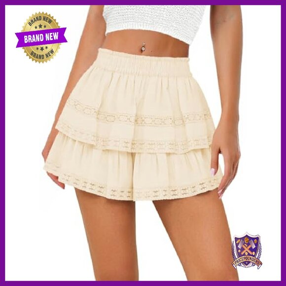 Flowy Lace Ruffle High Waist Shorts 100% Viscose Summer Casual Skort - Picture 2 of 7